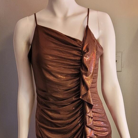 Y2K Deadstock I:NA Bronze Metallic Ruched Bodycon Dress Indie Sleaze Glam Sexy - Picture 3 of 14